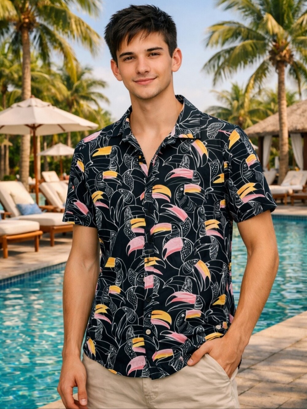 Hurley Mens Shirt Tropical Toucan Print Short Sleeve Stretch Fit S NWOT Hawaiian